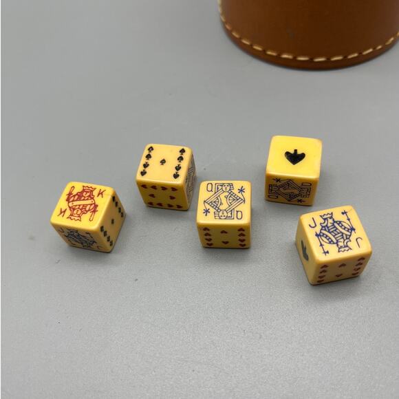 Set Of 5 Vintage Bakelite Dice Tan Leather Stitched Dice Cup - Picture 2 of 5